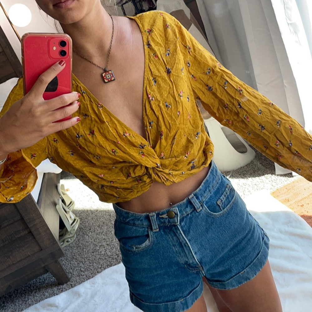 SOLD Mustard yellow floral long sleeve crop top. Ruched in the front